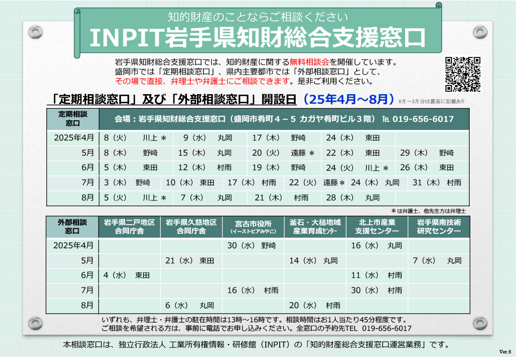 INPIT岩手県知財総合支援窓口の相談窓口開設日について